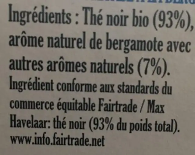 The noir aromatisé Earl Grey ingredients label