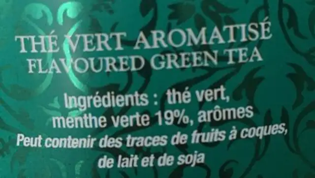 Thé vert à la menthe ingredients label
