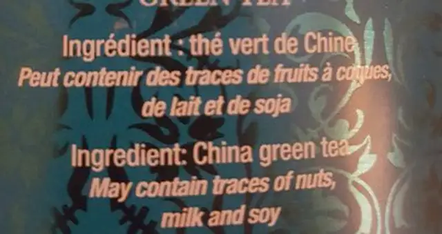 Thé vert sencha ingredients label