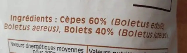 Mélange champignons ingredients label