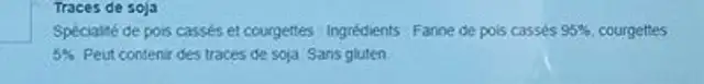Pates de pois cassés et courgette ingredients label