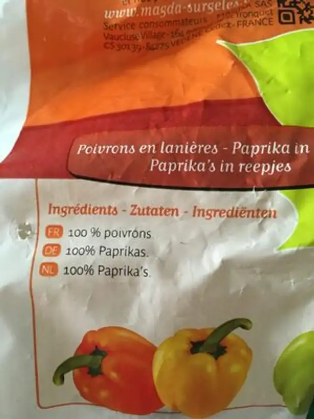 Poivrons Rouges Et Verts En Lanières Magda ingredients label