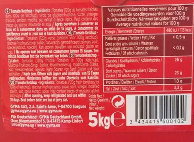 Ketchup ingredients label