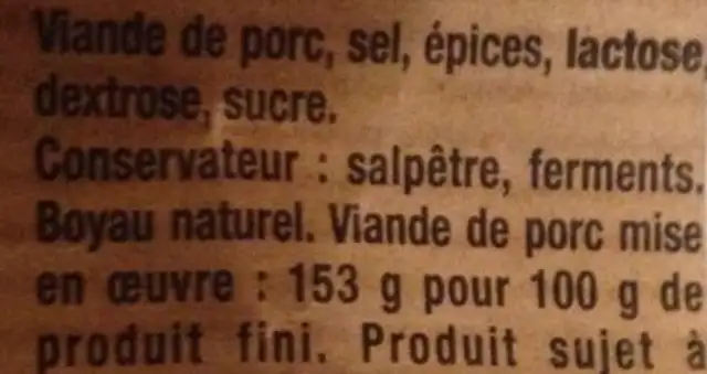 Saucisson sec pur porc ingredients label