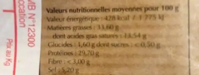 Saucisson sec pur porc nutrition facts table