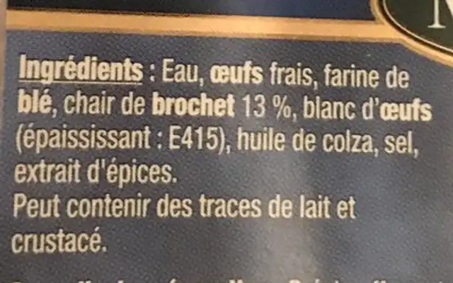Quenelles de brochet ingredients label