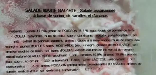 Salade Marie Galante ingredients label