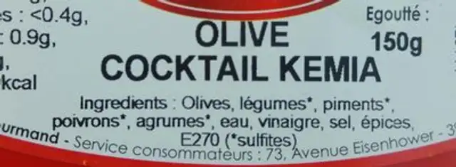 Olives Cocktail Kemia ingredients label
