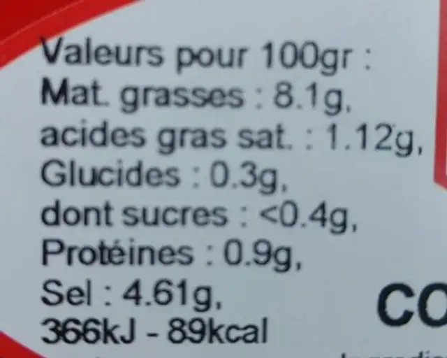 Olives Cocktail Kemia nutrition facts table
