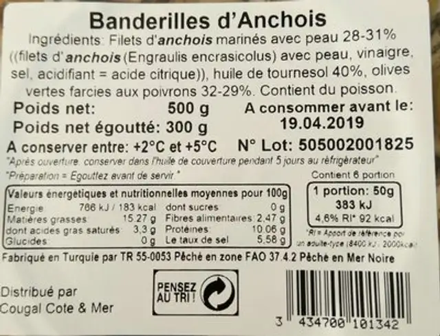 Banderilles d'Anchois ingredients label