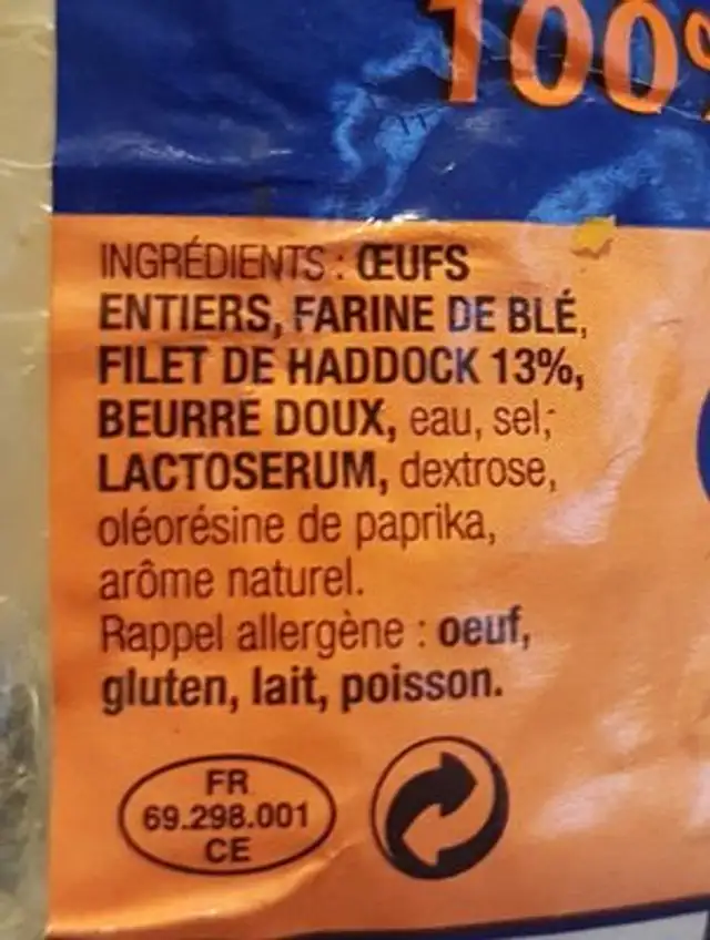 Quenelles au beurre 100% filet Haddock ingredients label