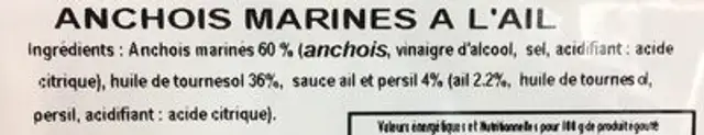 Anchois marines a l'ail ingredients label