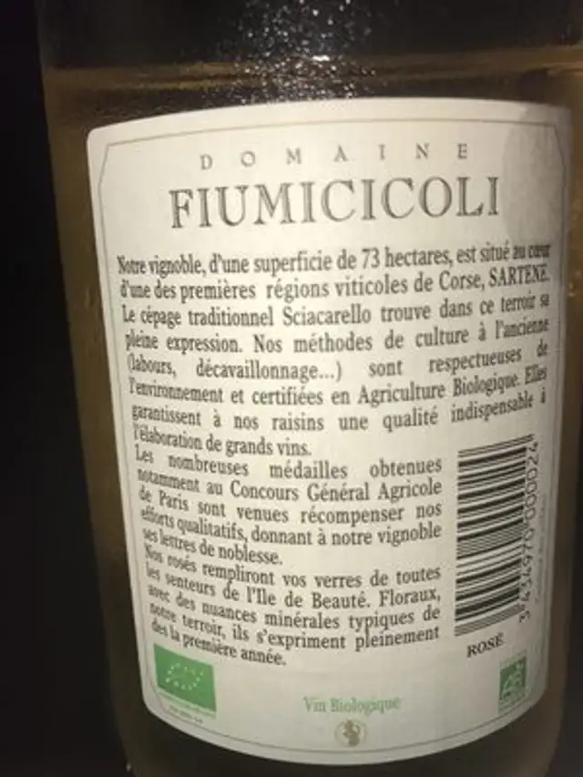 Corse Sartene AOP, rosé ingredients label