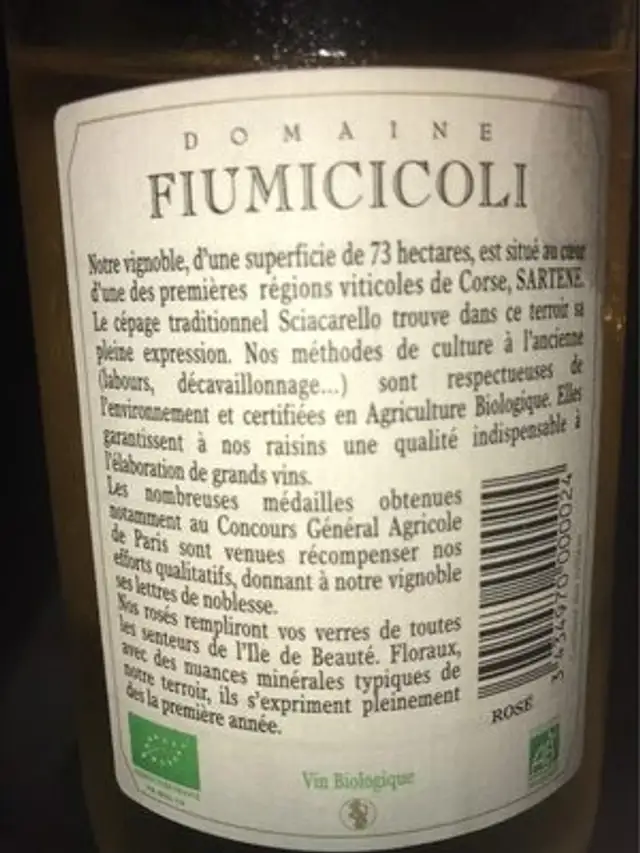 Corse Sartene AOP, rosé nutrition facts table