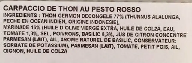 Carpaccio de Thon au Pesto Rosso ingredients label