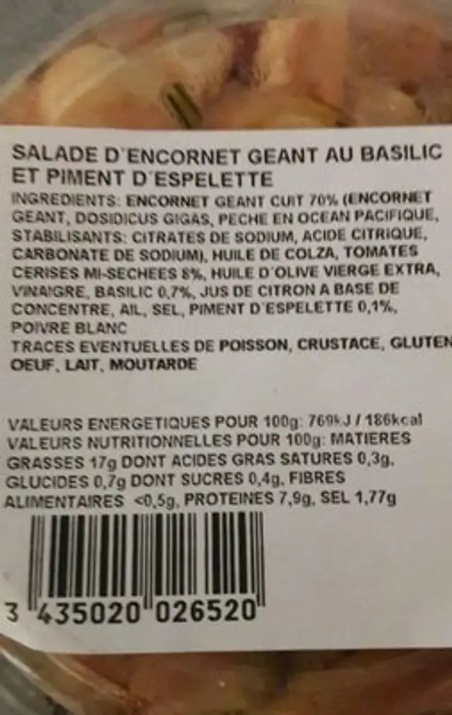 Salade d'encornet géant au basilic et au piment d'espelette ingredients label