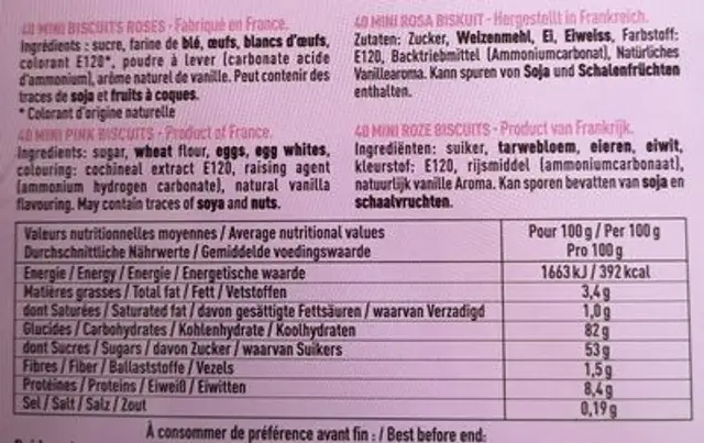 Mini Biscuits Roses nutrition facts table