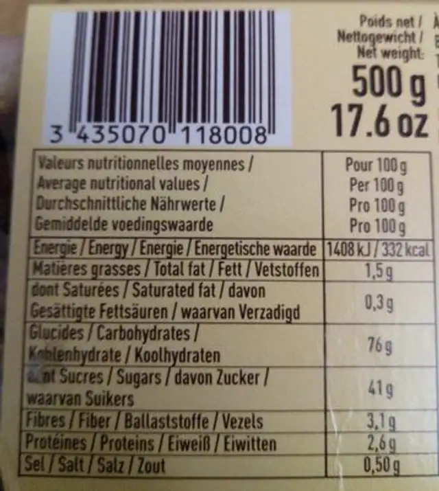 Pain d'Épices de Reims à l'Ancienne nutrition facts table