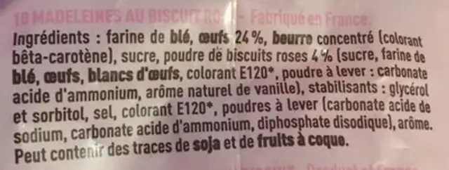 Madeleines Aux Biscuits Roses De Reims ingredients label