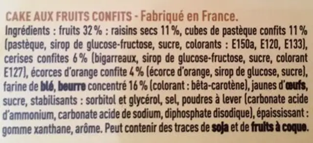 Cake Aux Fruits Confits ingredients label