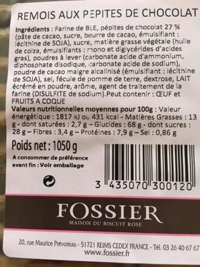 Rémois aux pépites de chocolat ingredients label