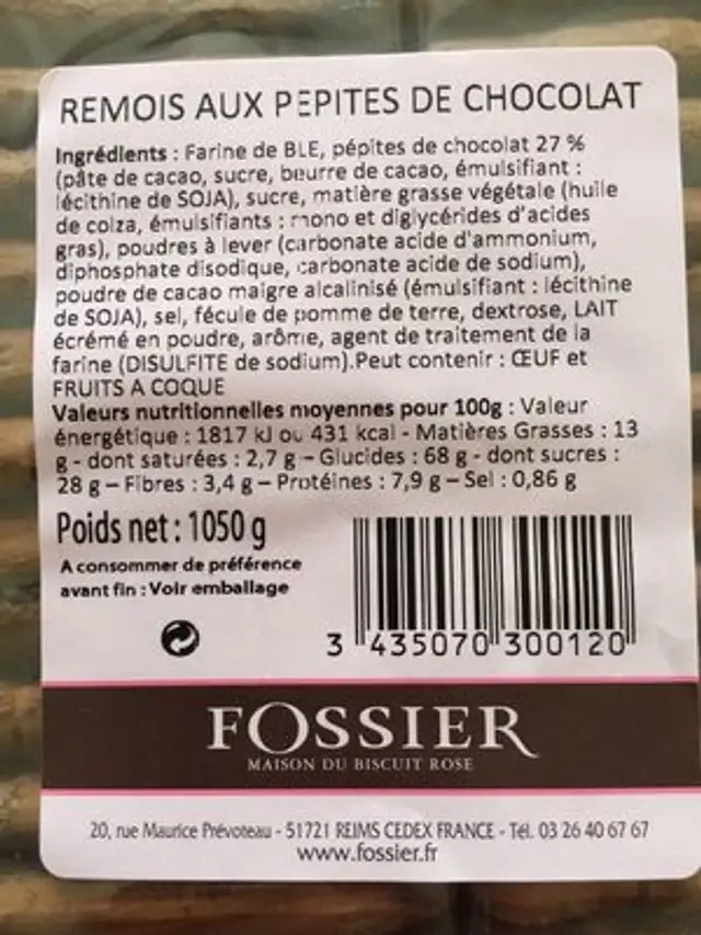 Rémois aux pépites de chocolat nutrition facts table