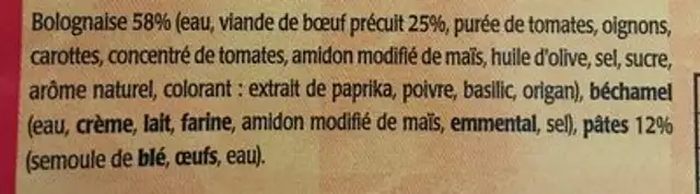 Lasagne ingredients label