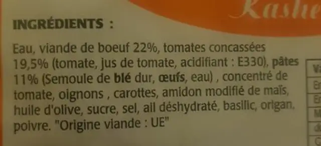 Lasagnes bolognaise kasher ingredients label