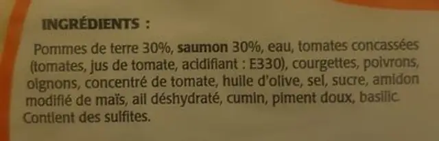 Saumon a la marseillaise ingredients label