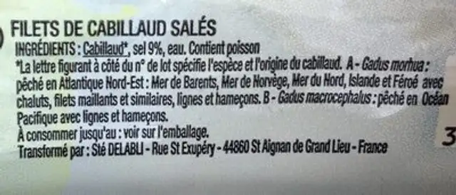 Morue ingredients label