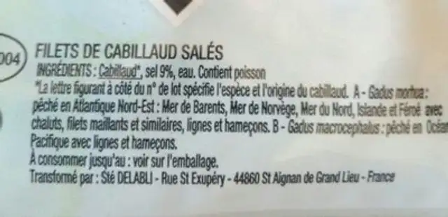 Filets De Morue, Tradition, Dessalage 12 Heures, Le Paquet, ingredients label