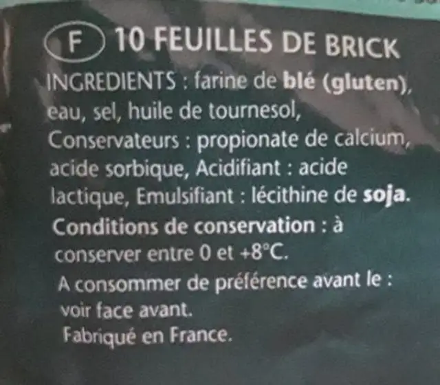 Carré De Brick, 160g ingredients label