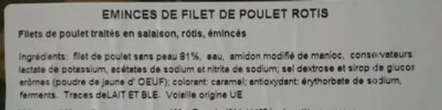 Émincés de Poulet Grillé ingredients label