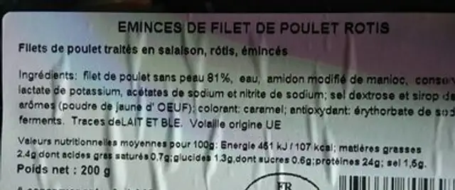 Émincés de Poulet Grillé nutrition facts table