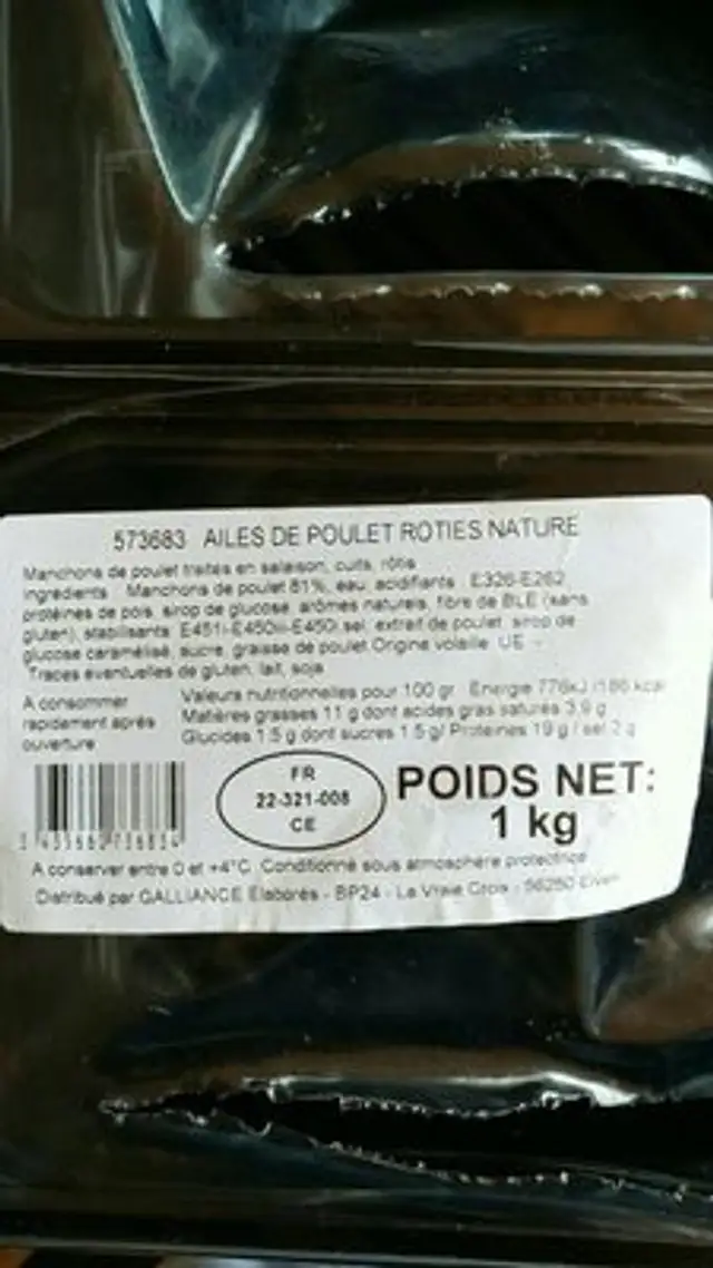 Ailes de poulet roties nature ingredients label