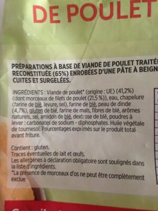 Nuggets poulet ingredients label