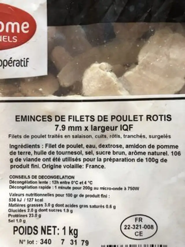 Eminces de poulet rotis ingredients label