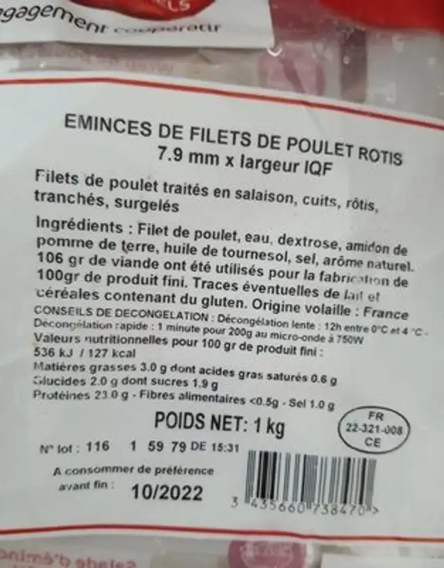 Eminces de poulet rotis nutrition facts table