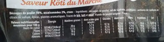 Cuisses avec portions de dos de poulet ingredients label