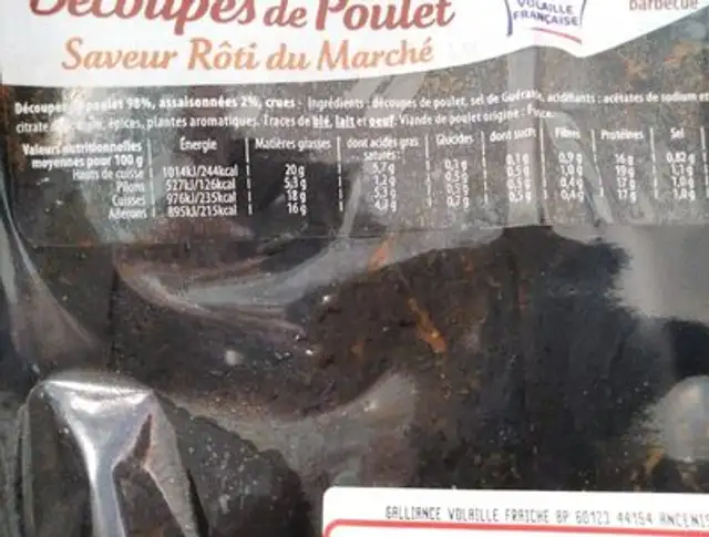 Cuisses avec portions de dos de poulet nutrition facts table