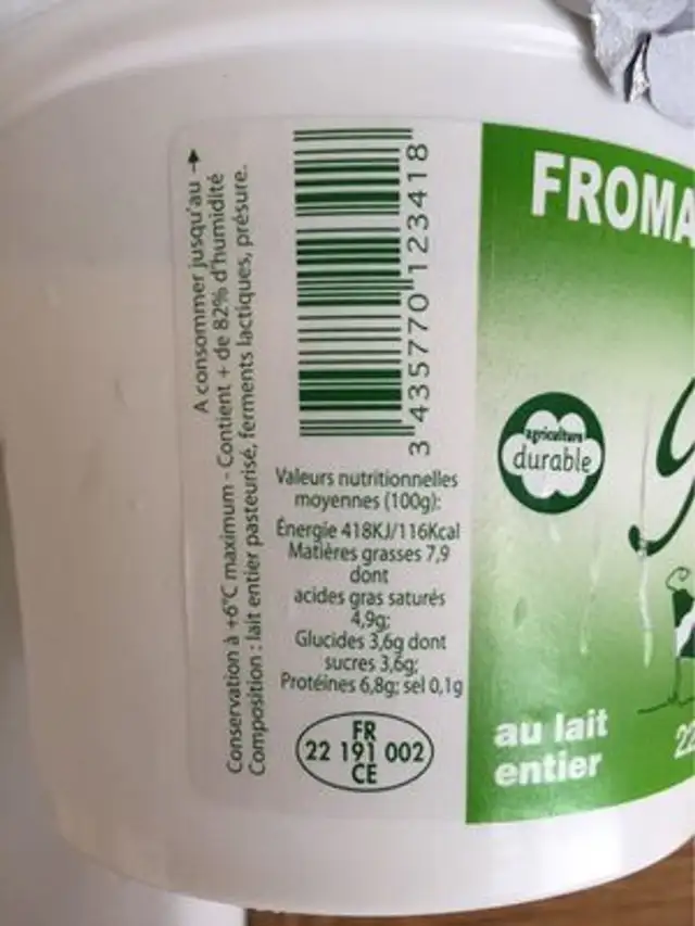 Fromage blanc fermier nutrition facts table