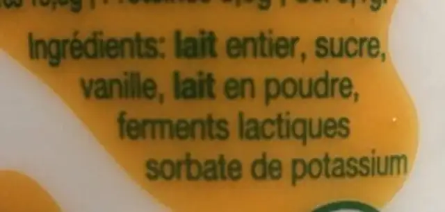 Yaourt Fermier ingredients label