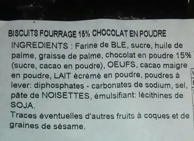Biscuits fourrage chocolat ingredients label