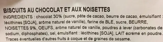 Biscuits chocolats noisettes ingredients label