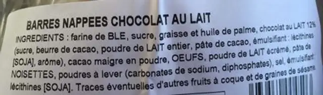 Barres nappees chocolat au lait ingredients label