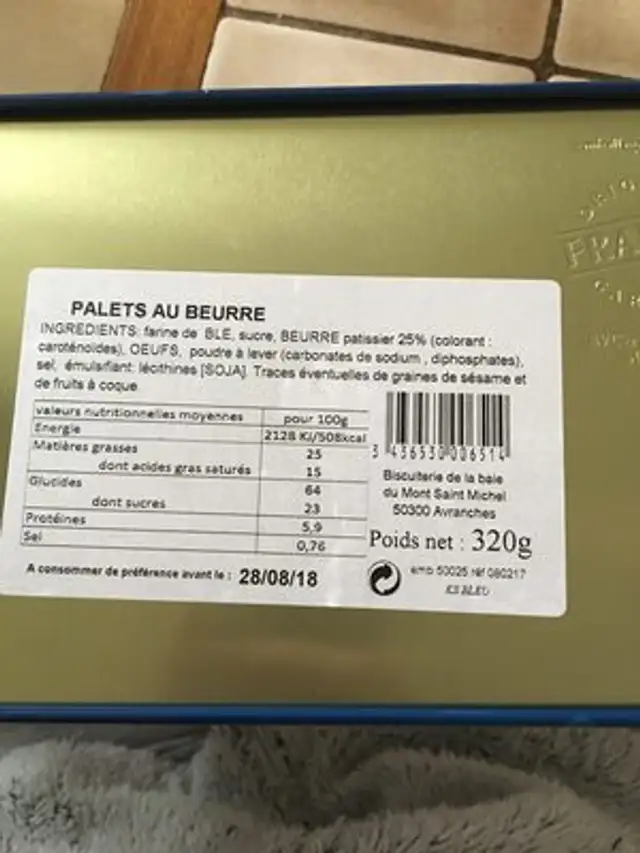 Palets au beurre ingredients label