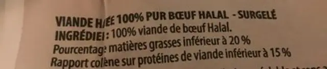 Viande Hachee 100% pur boeuf ingredients label