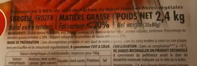 Oriental maxi moelleux halal ingredients label