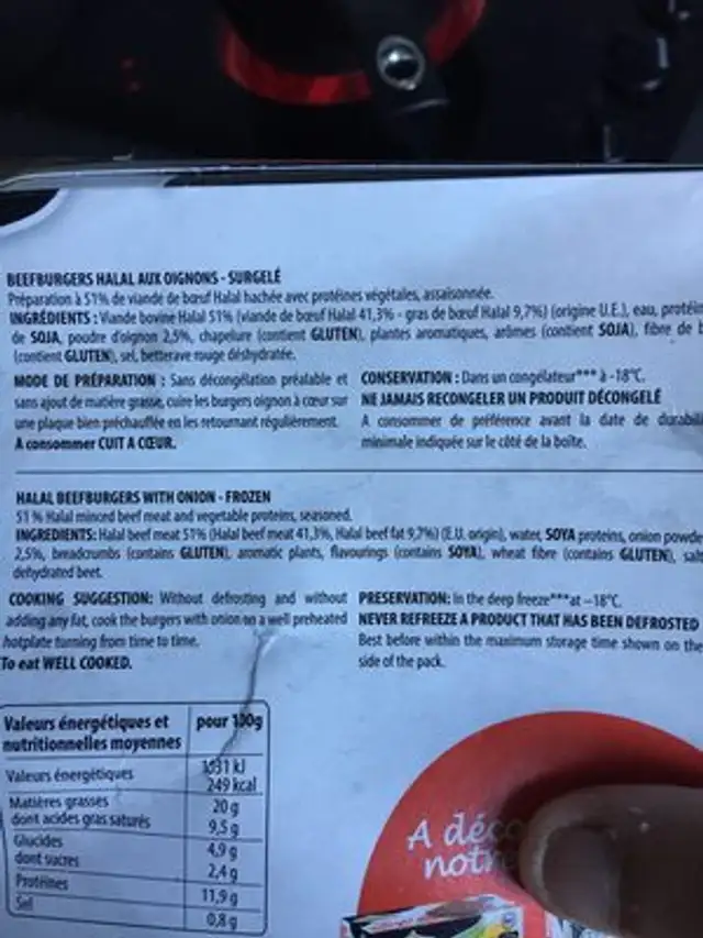 Burgers oignons ingredients label