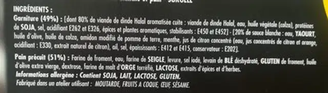 Kit Kebab Kebab Sauce Blanche Et Pain x4 -780g ingredients label